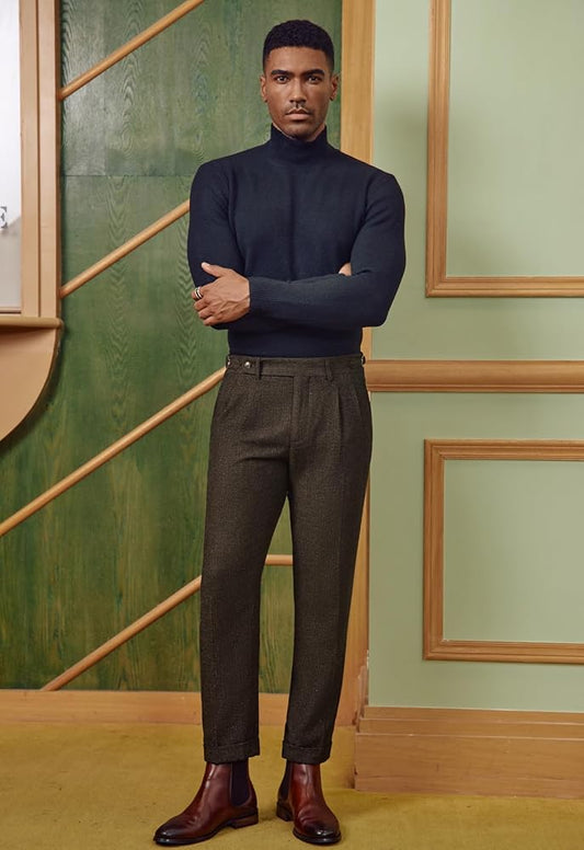 PJ PAUL JONES Mens Winter Warm Tweed Pants Double Pleated Italian Vintage Dress Pants Black Khaki