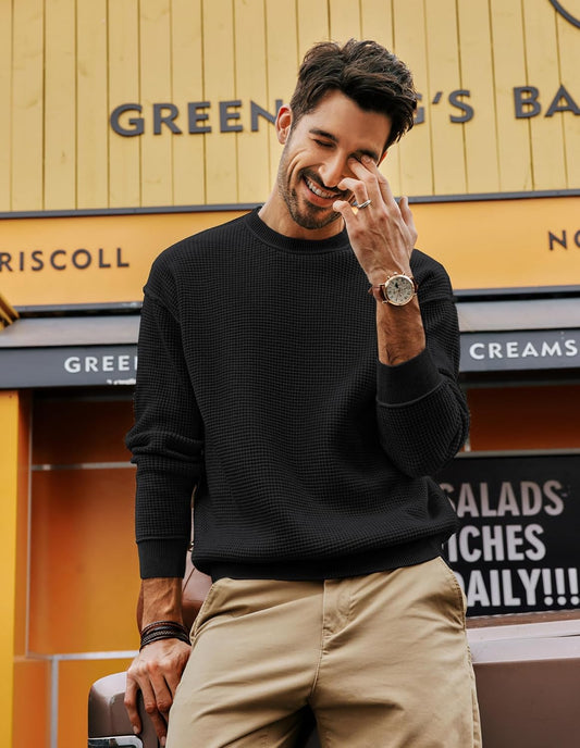 PJ PAUL JONES Men Sweater Crewneck Waffle Sweaters Casual Knit Pullover Sweater for Men Black