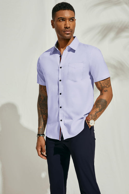 PJ PAUL JONES Mens Purple Dress Shirt Wrinkle-Free Short Sleeve Casual Button Down Shirt Men Collared Shirt with Pocket M