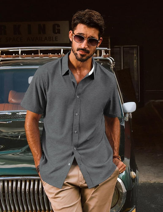 PJ PAUL JONES Men Casual Shirt Untucked Formal Dress Shirt Short Sleeve Button Down Shirt Men Dark Grey