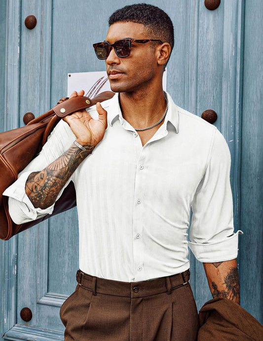 PJ PAUL JONES Mens Untucked Button Down Shirt Long Sleeve Dress Shirt Soft Comfort Shirt Herringbone Business Button Down Shirt Grey