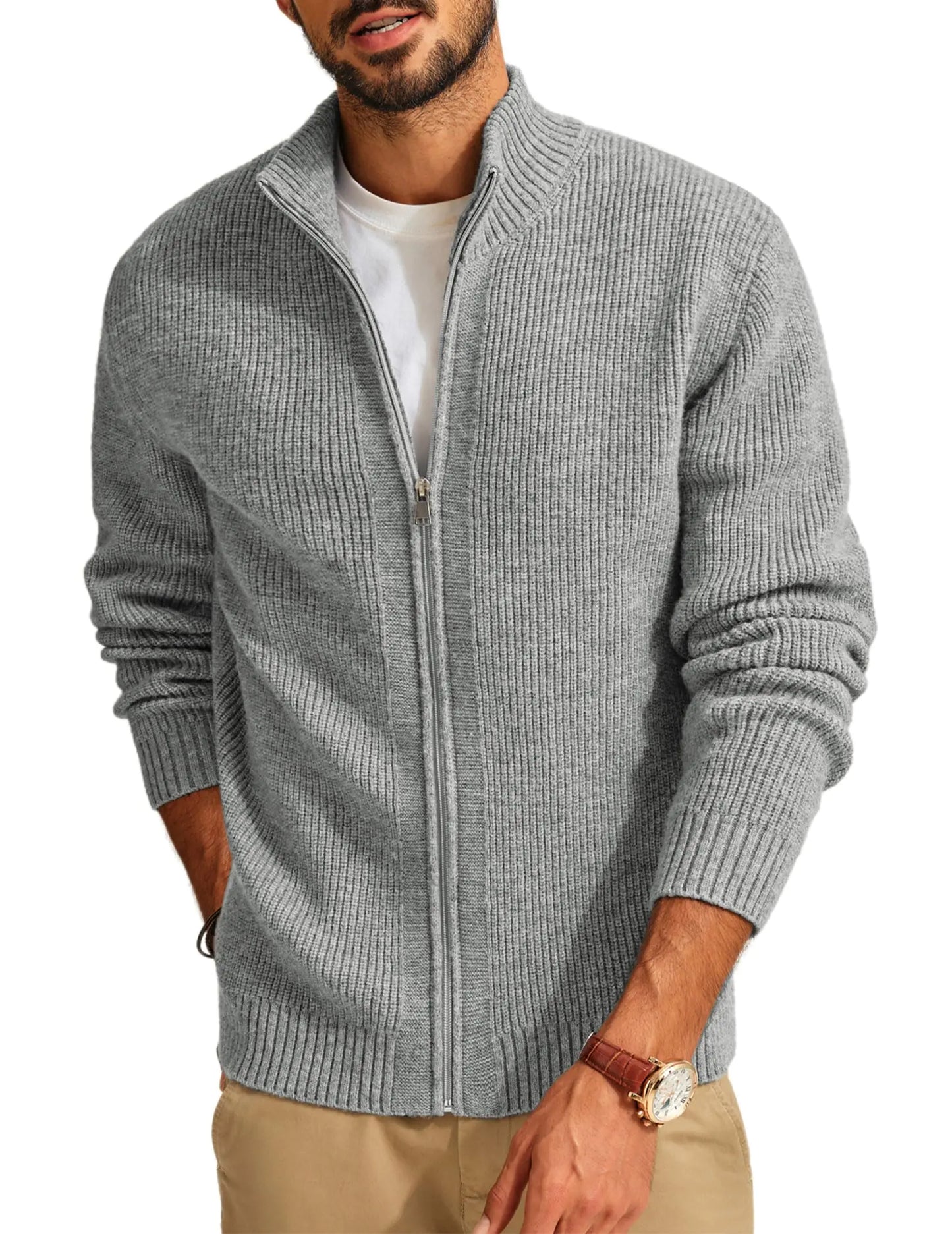PJ PAUL JONES Mens Full Zip Up Cardigan Sweater Warm Cozy Stand Collar Sweater Light Grey S