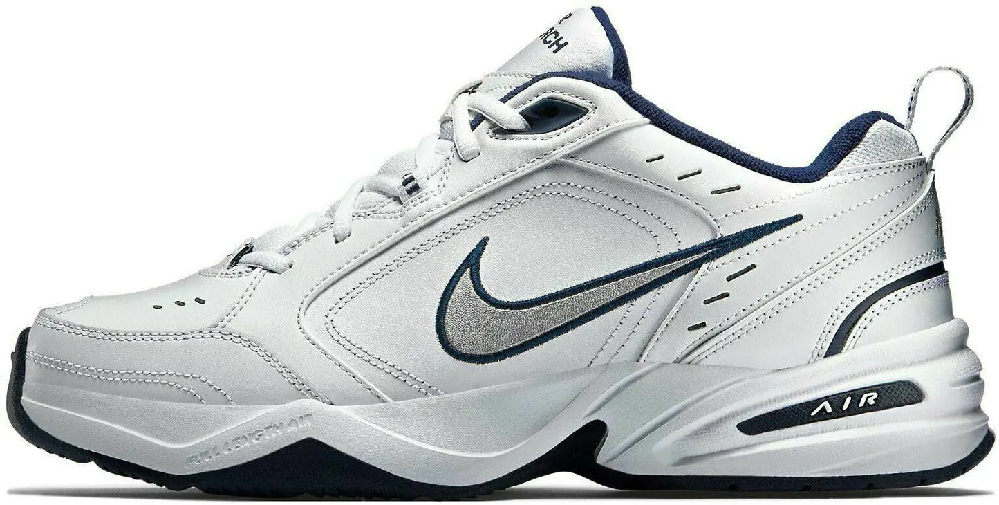 Nike Mens Air Monarch IV Walking Shoes White/Metallic Silver/Midnight Navy Size 11.5