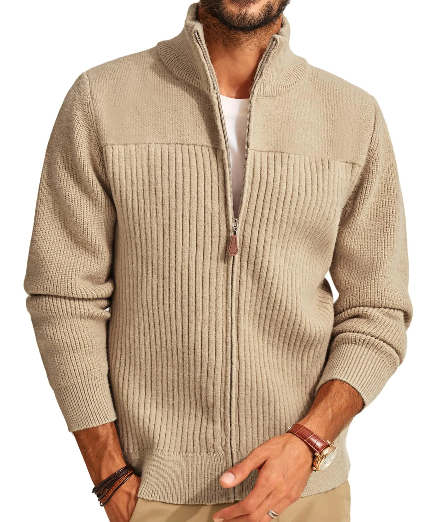 PJ PAUL JONES Mens Full Zip Cardigan Sweater Casual Stand Collar Ribbed Knitted Cardigan Long Sleeve Textured Sweater Cardigans Khaki L