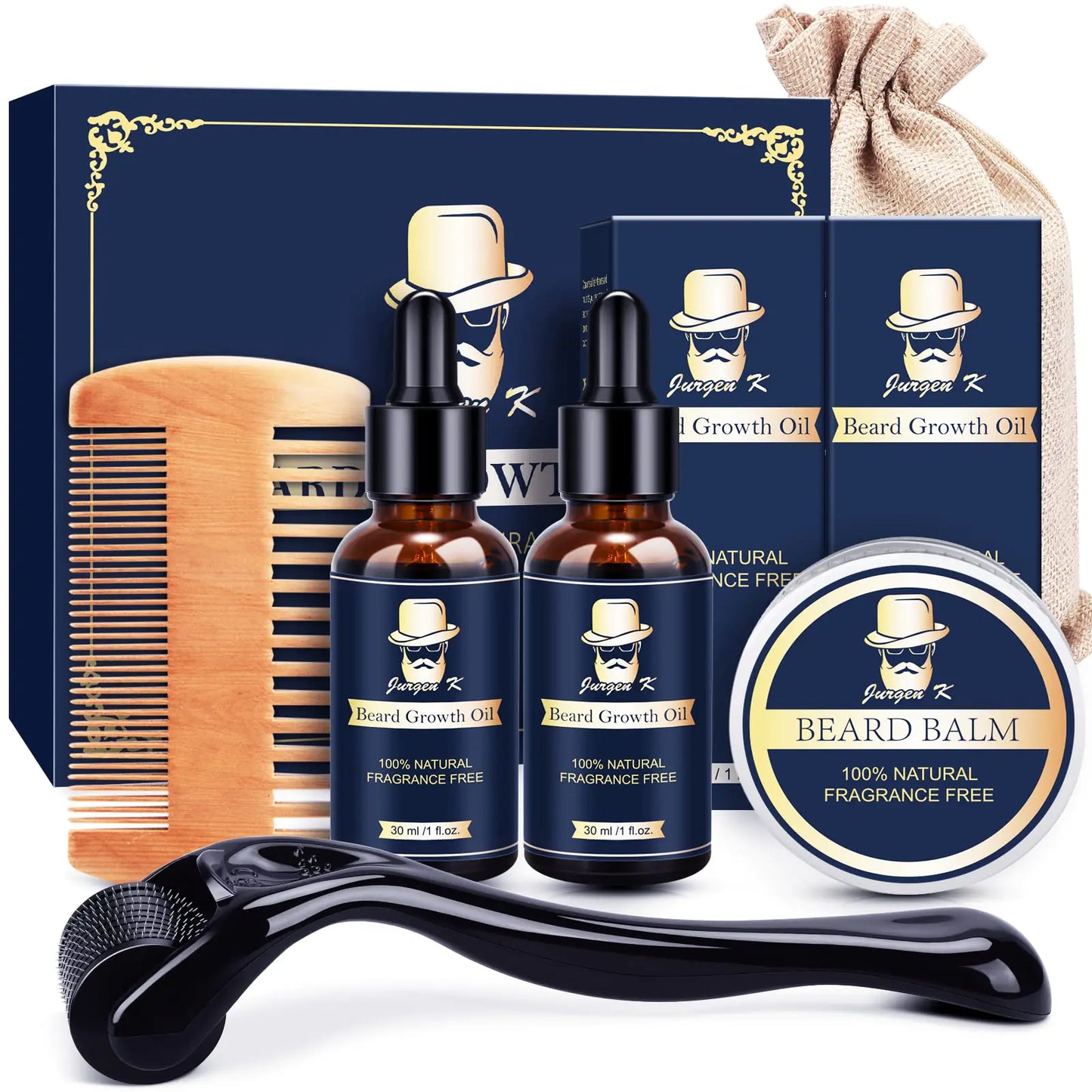 Jurgen K Beard Growth Kit - Beard Kit for Men with Beard Growth Oil (2 Packs) Balm Comb Beard Massager for Patchy Beard Birthday & Valentines Day Gifts for Him Boyfriend Husband