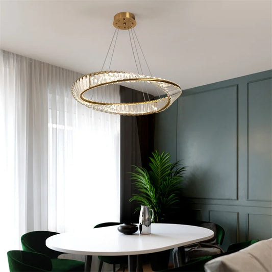 Nordic Crystal LED Chandelier – Polished Steel Ring Ceiling Lamp
