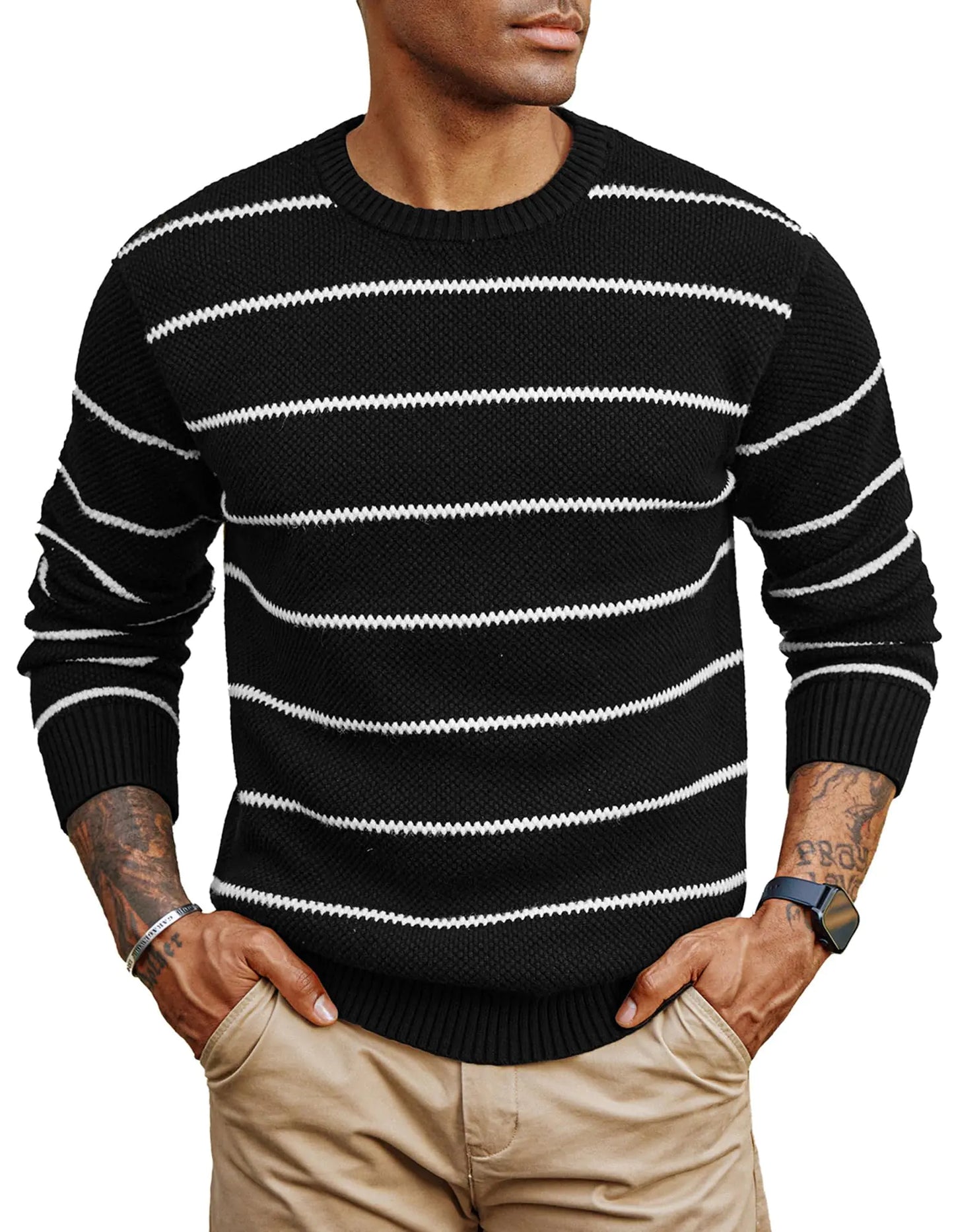 PJ PAUL JONES Mens Sweaters Causal Crew Neck Pullover Stretch Striped Sweaters Pullovers Black