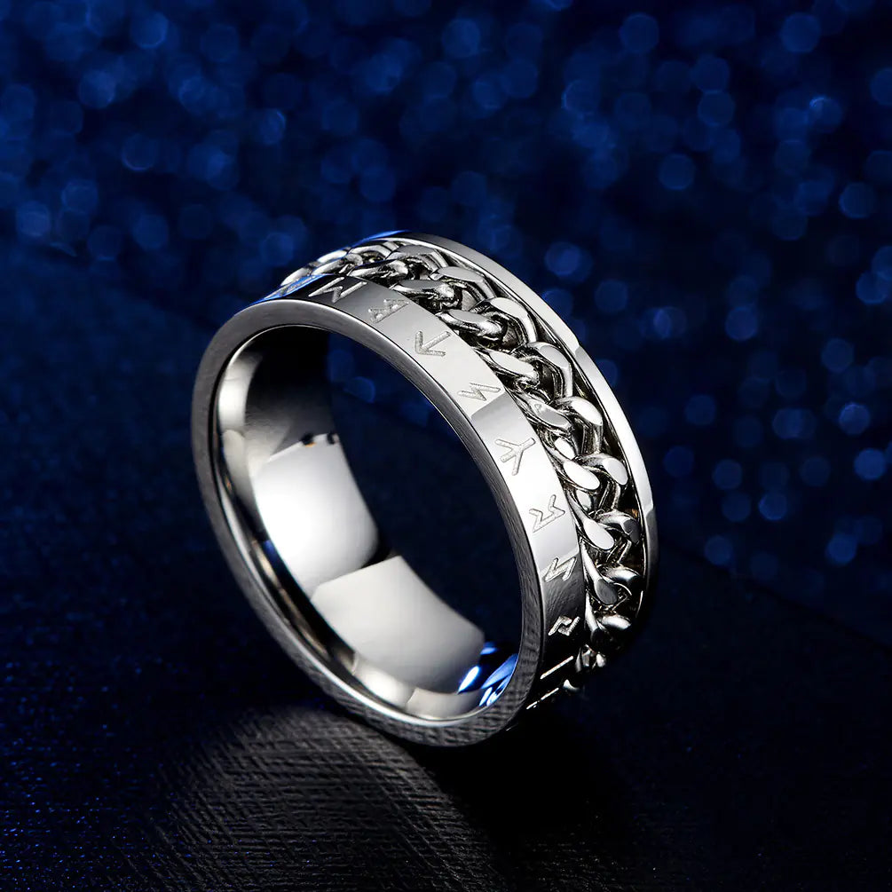 Titanium Steel Viking Text Chain Ring - Rotatable Design
