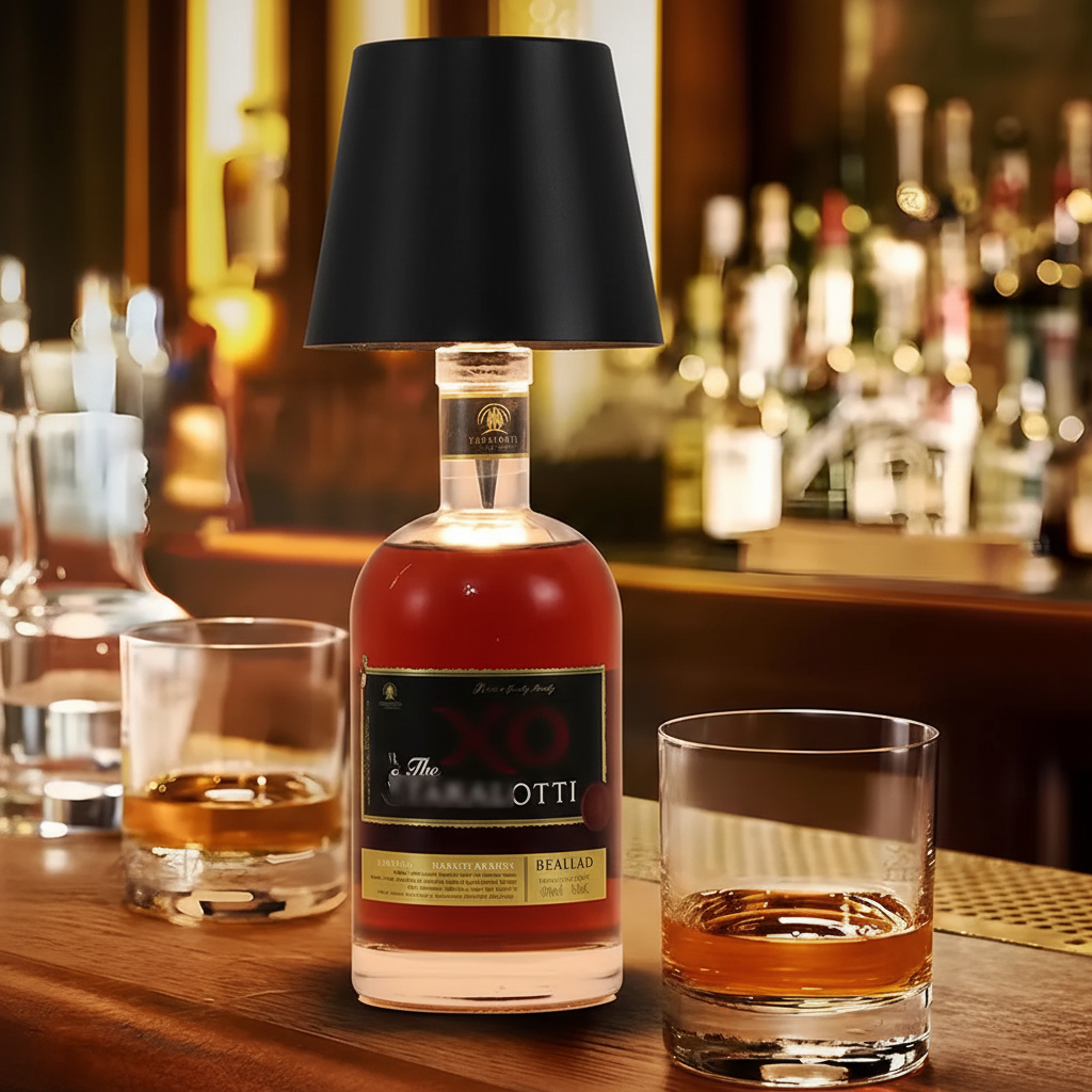 LifeHub Cork bottle lamp with black lampshade on whisky bottle in luxury bar setting