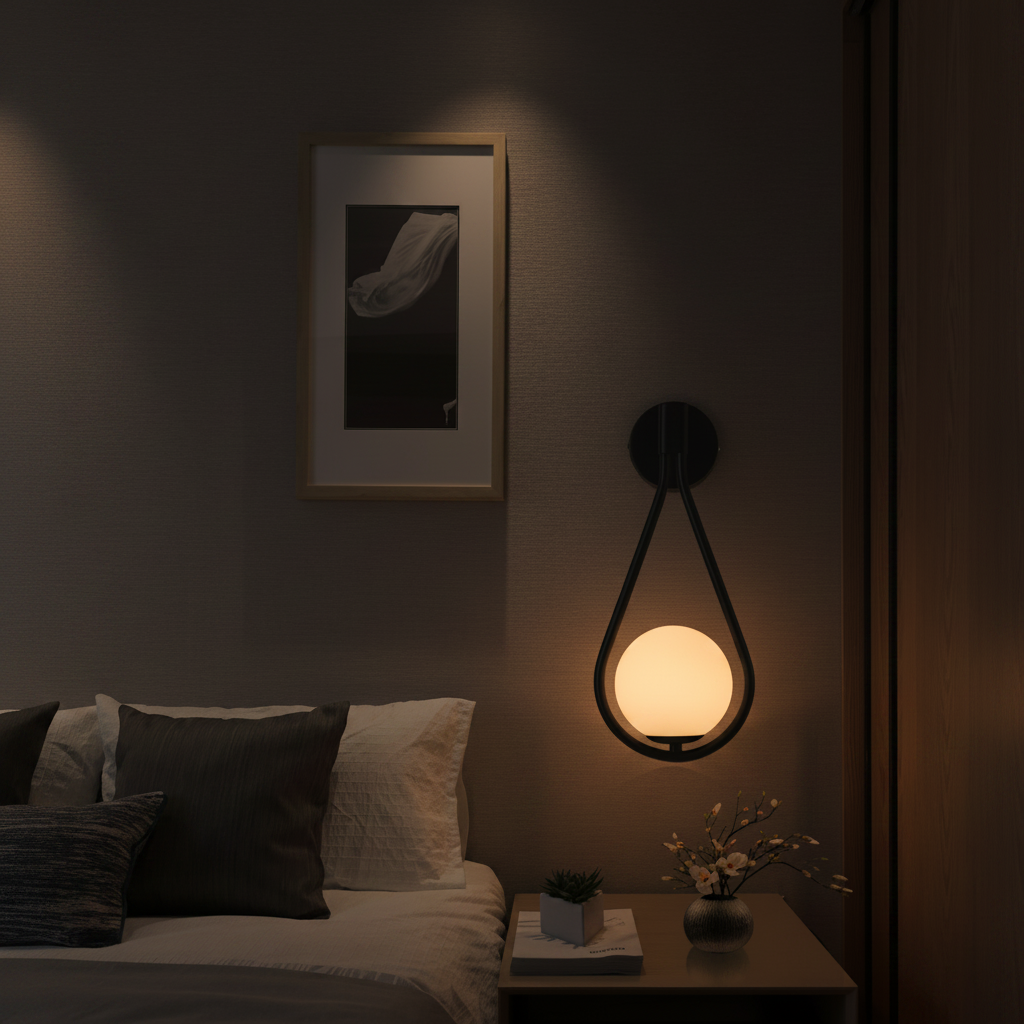 LifeHub Orion black teardrop wall sconce with frosted glass globe in dark luxury bedroom