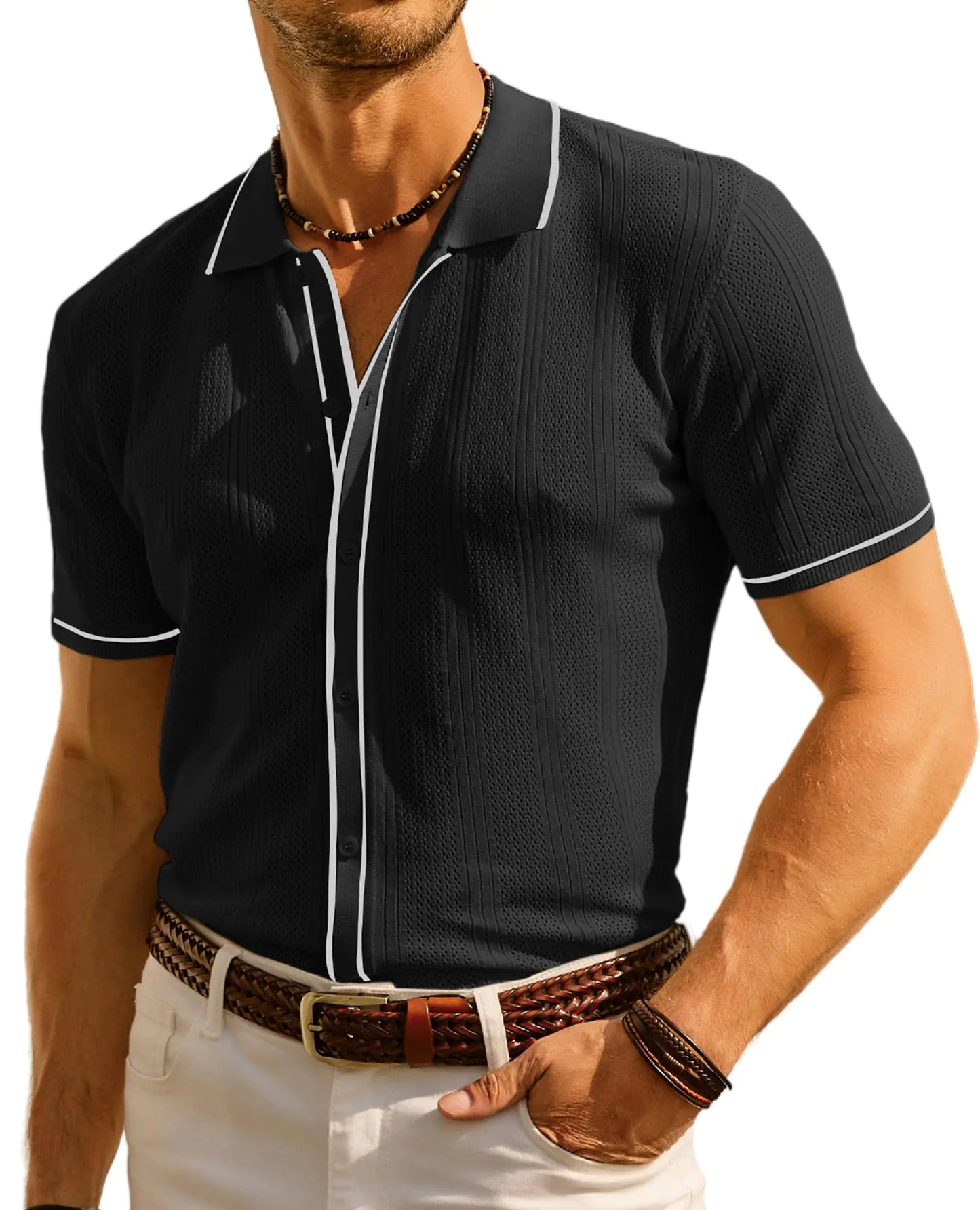 PJ PAUL JONES Mens Knit Polo Shirt Short Sleeve Black Button Down Shirt Lightweight Hollow Out Polo Shirt XXL